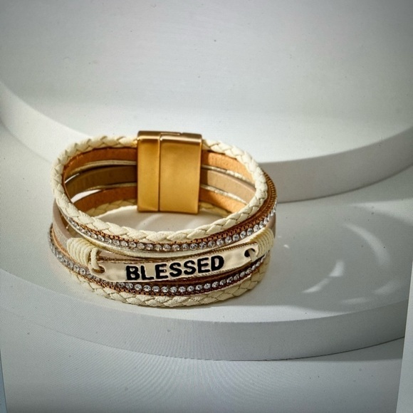 Boho Ethnic "Blessed" PU Leather Multi Layer Rhinestone Studded Bracelet - Picture 4 of 5